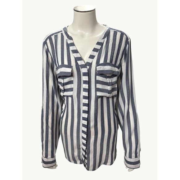 A.N.A. Striped Long Sleeve Rayon Blouse Size Large Breathable Lightweight Button - Picture 1 of 7